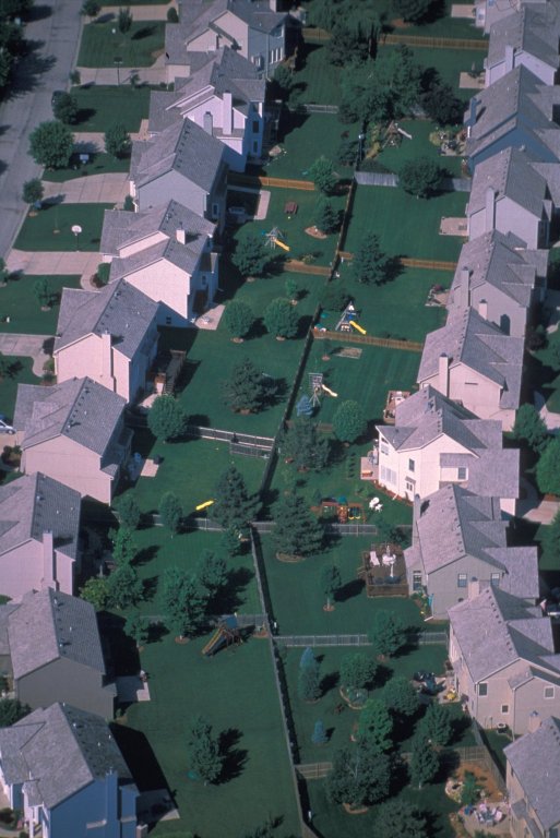 Subdivision backyards in Grandview, Missouri